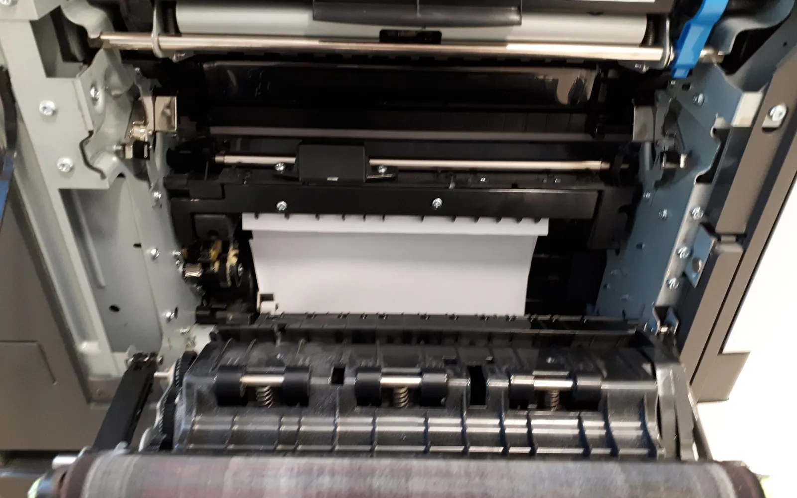 Open laser printer showing the paper path and rollers